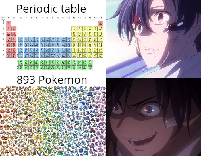 Shinei Nouzen From anime '86 - Eighty Six' getting scared by the prospect of learning the periodic table, but later excited while looking at 893 pokemon