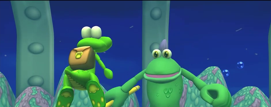 A screenshot of a cutscene in the Croc remake; bland colors, star in the sky replaced by line