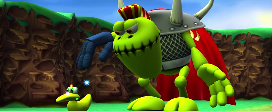 A screenshot of a cutscene in the Croc remake; no rainbow at all