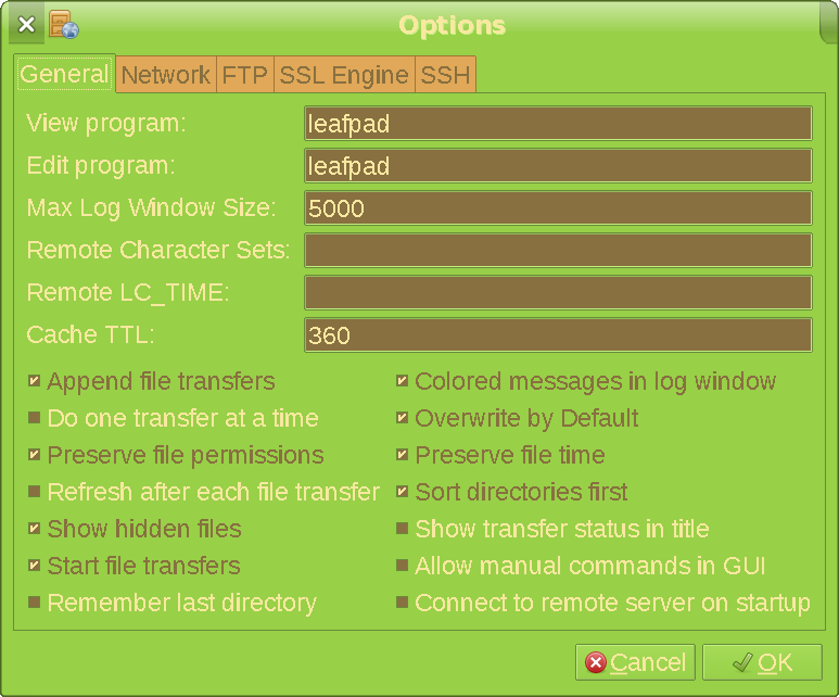 gFTP Preferences menu