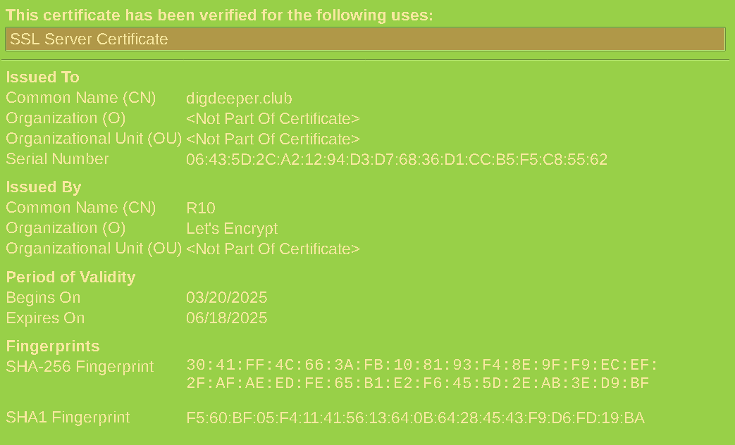 Showing the 'View certificate' window in Pale Moon for my digdeeper.club Let's Encrypt cert. The lack of fun stuff in the data is very obvious.